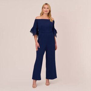 New Adrianna Papell Size 16 W Navy Off-Shoulder Organza-Sleeve Cocktail Jumpsuit